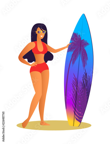 Suntanned Girl in Red Swimsuit with Surfboard