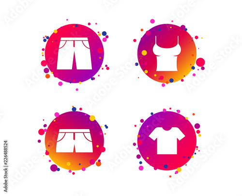 Clothes icons. T-shirt and pants with shorts signs. Swimming trunks symbol. Gradient circle buttons with icons. Random dots design. Vector