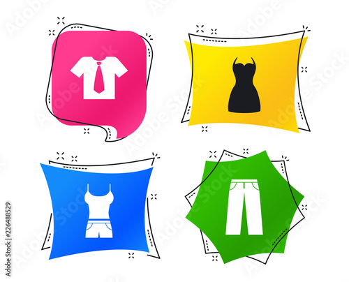 Clothes icons. T-shirt with business tie and pants signs. Women dress symbol. Geometric colorful tags. Banners with flat icons. Trendy design. Vector