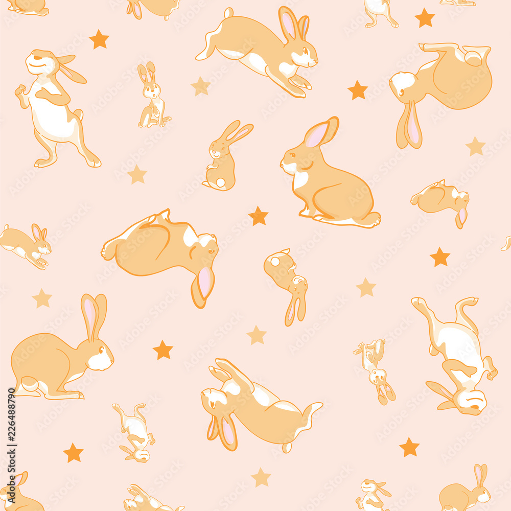 Vector pattern with bunnies and stars. Cute animal illustration for kids, boys, girls. Vector pattern for pyjamas, textile, fabric, t-shirt, underwear Vector pattern with bunnies and stars. Cute animal illustration for kids, boys, girls. Vector pattern for pyjamas, textile, fabric, t-shirt, underwear