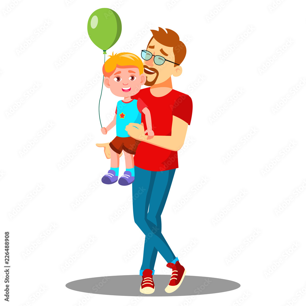Young Father With A Child With Balloons In His Arms Vector. Isolated Illustration
