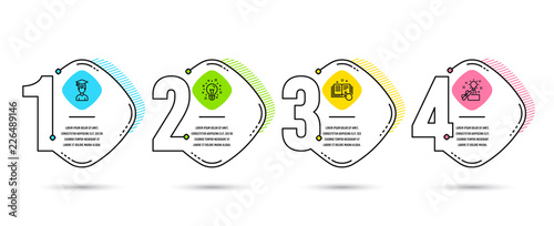 Infographic template 4 options or steps. Set of Technical documentation, Idea and Student icons. Creative idea sign. Manual, Creativity, Graduation cap. Timelibe process diagram. Vector