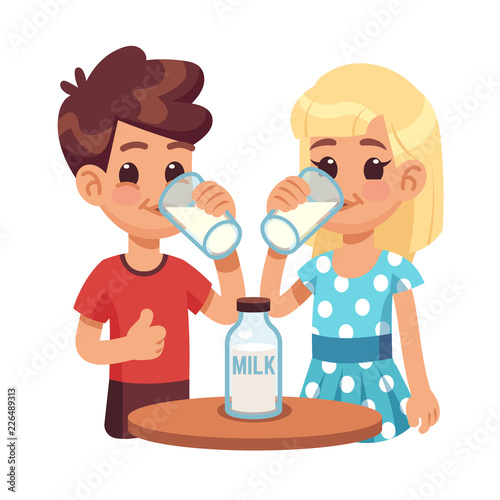 Kids drink milk. Cartoon children, boy and girl with milk glass. Healthy breakfast vector concept. Illustration of healthy milk for child
