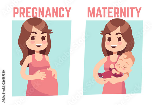 Pregnancy and maternity concept. Young pregnant woman and happy mother with newborn baby. Vector illustration mother with baby, motherhood concept