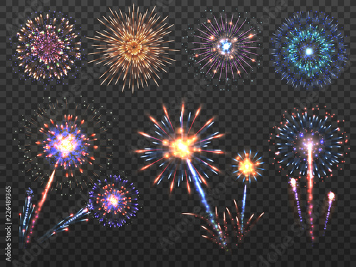 Fireworks. Holiday firework explosion in night, firecracker sparks. Happy new year vector decoration set isolated. Explosion firecracker, holiday bright celebration illustration