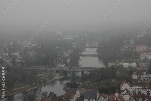 Cloudy Ulm city and Danube river view from the tallest Cathedral