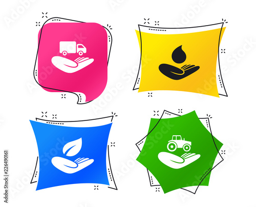 Helping hands icons. Agricultural tractor insurance symbol. Delivery truck sign. Save nature leaf and water drop. Geometric colorful tags. Banners with flat icons. Trendy design. Vector