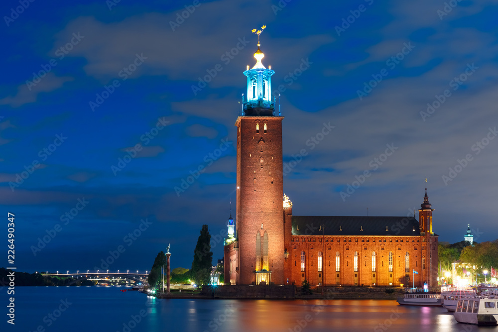 Stockholm City Hall at night in the Old Town in Stockholm, capital of Sweden