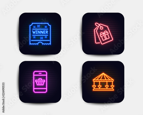 Neon glow lights. Set of Coupons, Smartphone buying and Winner ticket icons. Carousels sign. Shopping tags, Website shopping, Carousels award. Attraction park. Neon icons. Glowing light banners