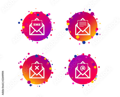 Mail envelope icons. Message document symbols. Post office letter signs. Delete mail and SMS message. Gradient circle buttons with icons. Random dots design. Vector