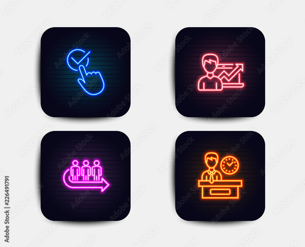 Neon glow lights. Set of Queue, Checkbox and Success business icons. Presentation time sign. People waiting, Approved, Growth chart. Report. Neon icons. Glowing light banners. Vector Neon glow lights. Set of Queue, Checkbox and Success business icons. Presentation time sign. People waiting, Approved, Growth chart. Report. Neon icons. Glowing light banners. Vector