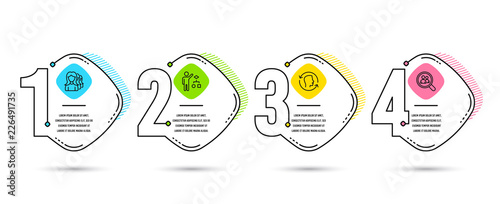Infographic template 4 options or steps. Set of Women headhunting, Face id and Algorithm icons. Search employees sign. Women teamwork, Identification system, Developers job. Staff analysis. Vector