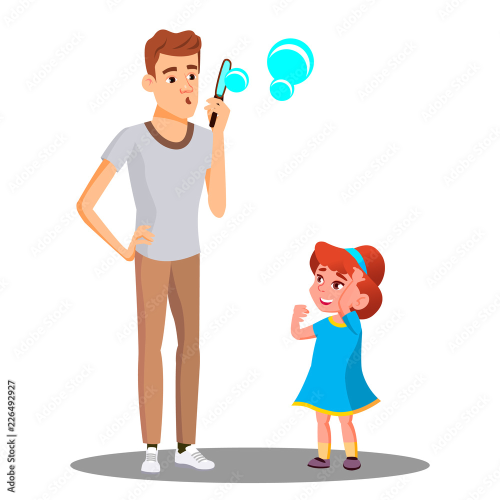 Father With Daughter Blow The Soap Bubbles Vector. Isolated Illustration