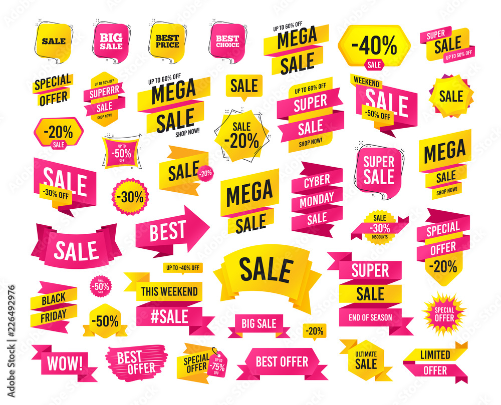 Sales banner. Super mega discounts. Sale icons. Best choice and price symbols. Big sale shopping sign. Black friday. Cyber monday. Vector