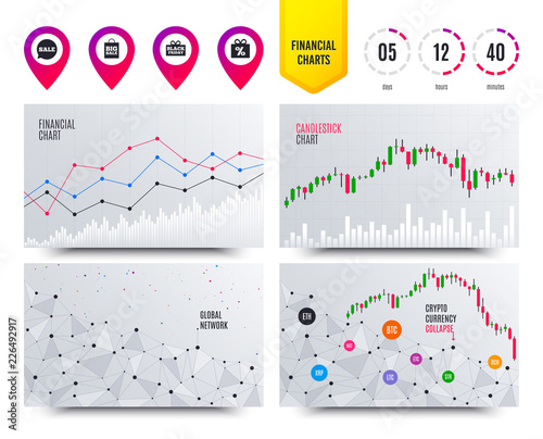 Financial planning charts. Sale speech bubble icon. Black friday gift box symbol. Big sale shopping bag. Discount percent sign. Cryptocurrency stock market graphs icons. Trendy design. Vector