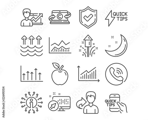 Set of Education, Fireworks and Success business icons. Evaporation, Growth chart and Trade infochart signs. Quickstart guide, Copywriting notebook and Graph symbols. Vector