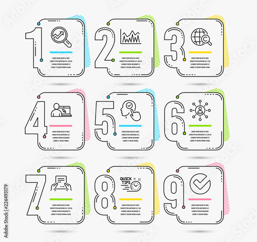 Infographic template with numbers 9 options. Set of Networking, Online education and Receive file icons. Analytics, Investment and Quick tips signs. Vector