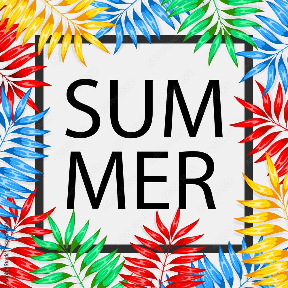 Fototapeta premium Frame of colorful tropical leaves. Concept of the jungle for the design of invitations, greeting cards and wallpapers. Vector illustration