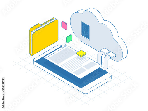 Isometric mobile cloud, cloud storage or data transfers on Internet concept. Enterprise Resource Planning app on smartphone screen connecting data with cloud computing. Line vector illustration