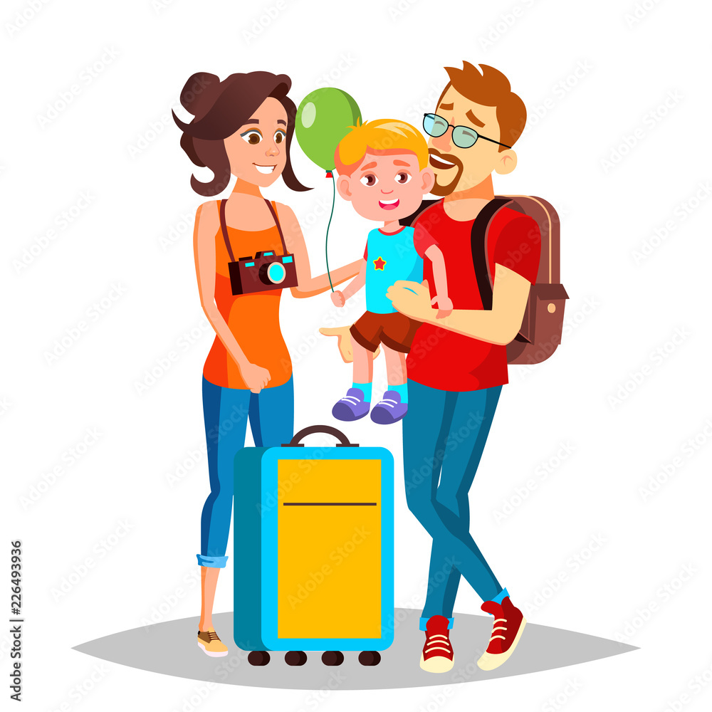 Fototapeta premium Young Family Traveling With A Small Child Vector. Isolated Illustration