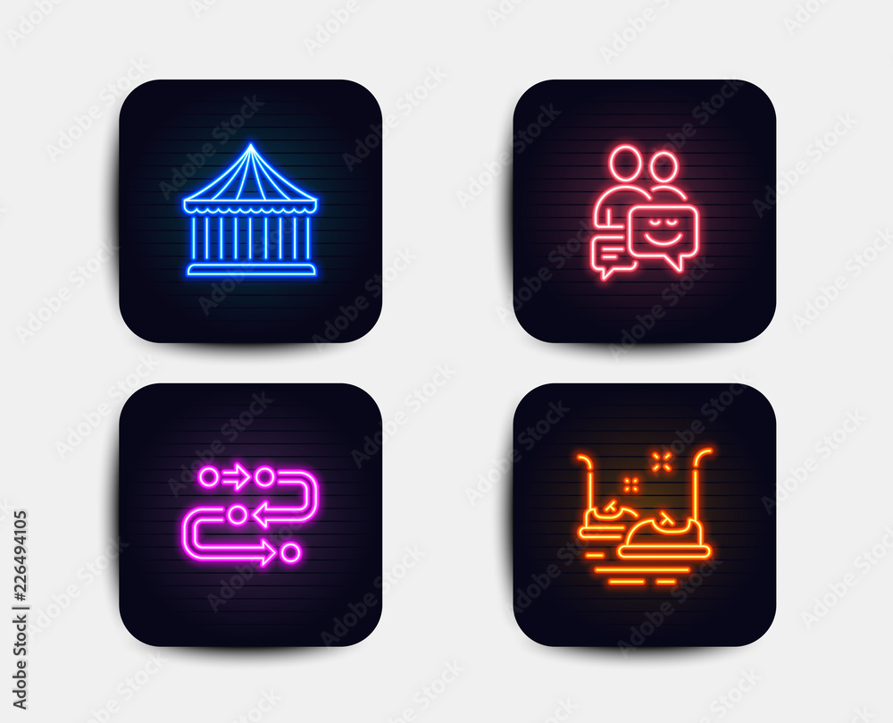 Neon glow lights. Set of Carousels, Methodology and Communication icons. Bumper cars sign. Attraction park, Development process, Business messages. Carousels. Neon icons. Glowing light banners Neon glow lights. Set of Carousels, Methodology and Communication icons. Bumper cars sign. Attraction park, Development process, Business messages. Carousels. Neon icons. Glowing light banners