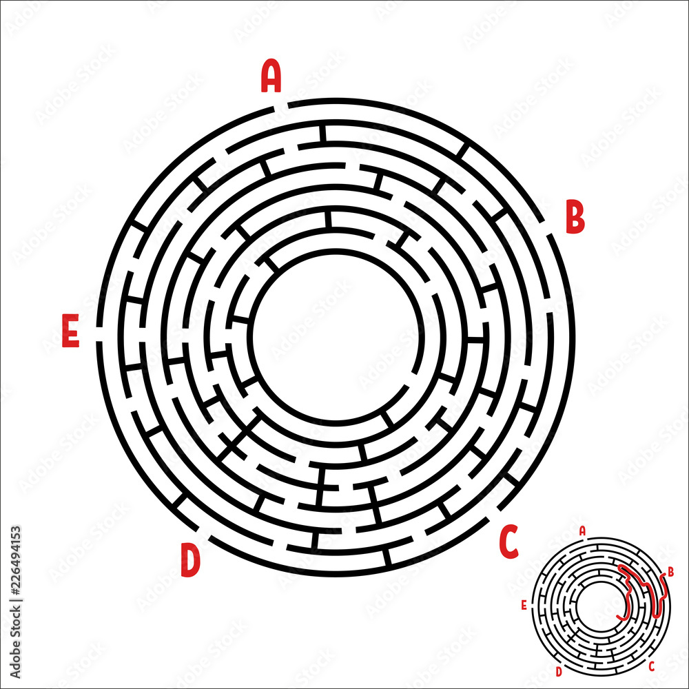Abstract round maze. Game for kids. Children's puzzle. Five entrances, one exit. Labyrinth conundrum. Simple flat vector illustration isolated on white background. With the answer.