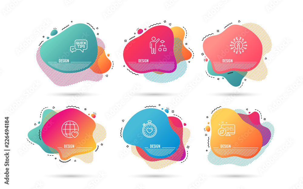 Dynamic liquid shapes. Set of Algorithm, Heartbeat timer and International love icons. Quick tips sign. Developers job, Love stopwatch, Internet dating. Helpful tricks.  Gradient banners. Vector