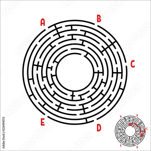 Abstract round maze. Game for kids. Children's puzzle. Five entrances, one exit. Labyrinth conundrum. Simple flat vector illustration isolated on white background. With the answer.