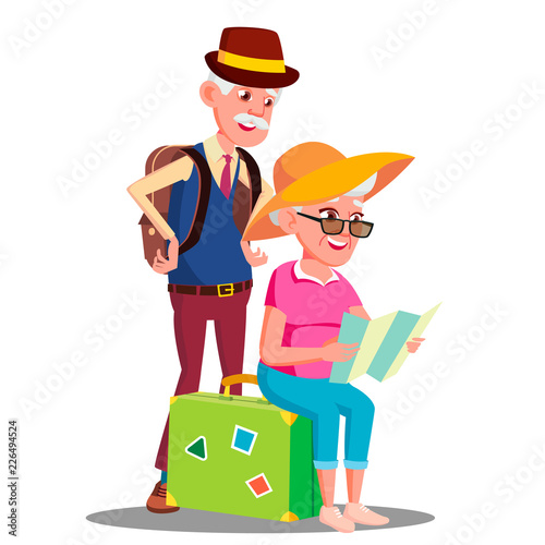Elderly Couple At The Airport With Suitcases Vector. Isolated Illustration
