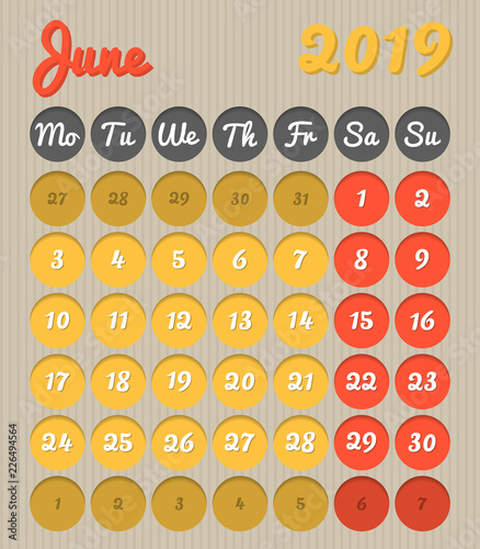 Modern month planning calendar in English for June 2019, cardboard style with vivid colors of yellow and red, weekend highlighted, Monday to Sunday  (all year avalaible in portfolio) photo