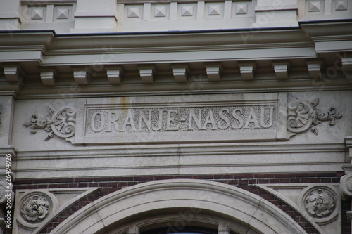 The family name "Oranje-Nassau" on the back of the Noordeinde palace in The Hague, the working palace of king Willem-Alexander.