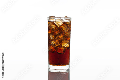Cola in glass with ice isolated on white background
