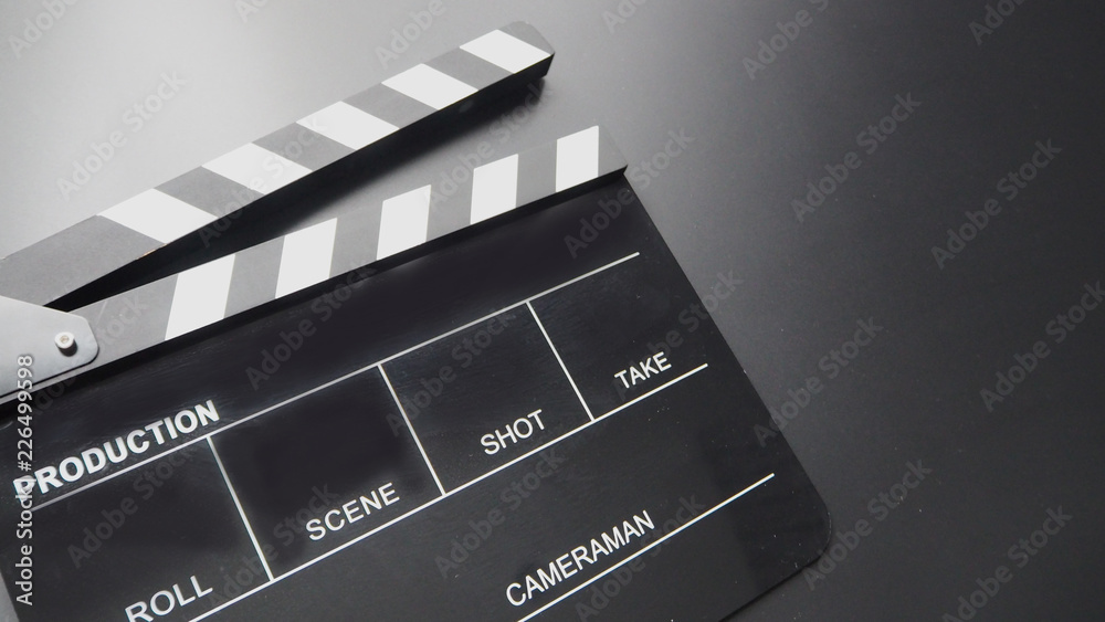 Clapperboard or clap board or movie slate use in video production , film, cinema industry. It's black color.