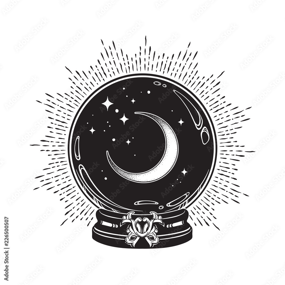Hand drawn magic crystal ball with crescent moon and stars line art and dot  work. Boho chic tattoo, poster or altar veil print design vector  illustration. Stock Vector | Adobe Stock