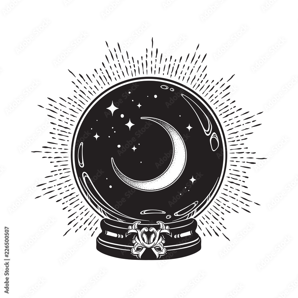 Hand drawn magic crystal ball with crescent moon and stars line art and dot work. Boho chic tattoo, poster or altar veil print design vector illustration. Stock Vector