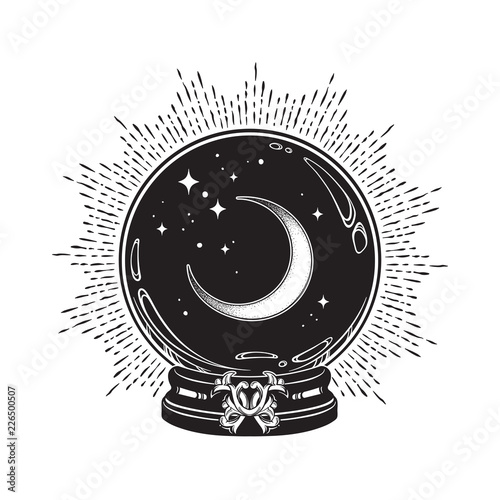 Hand drawn magic crystal ball with crescent moon and stars line art and dot work. Boho chic tattoo, poster or altar veil print design vector illustration.