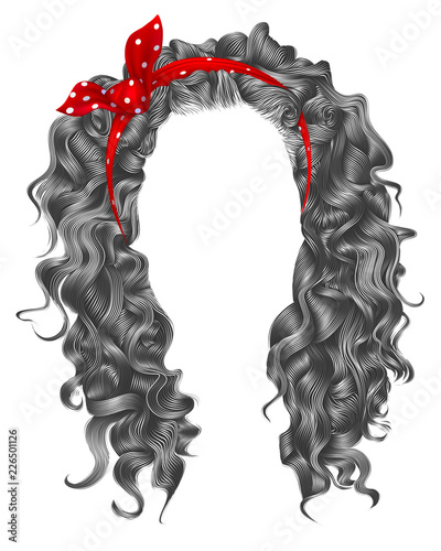 long curly hairs gray colors.beauty fashion style.wig .red bow