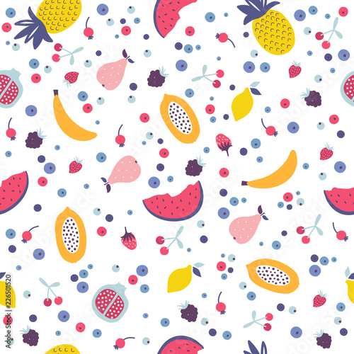Vector seamless pattern with cartoon fruits and berries.