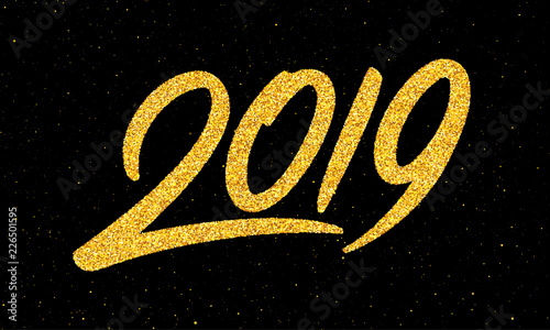 Happy New Year 2019 greeting card design template with gold text on black background. Calligraphy for chinese year of the pig. Vector illustration