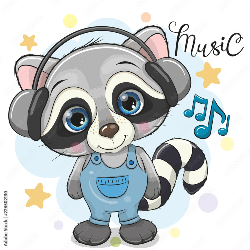 Cute Cartoon Raccoon with headphones Stock Vector | Adobe Stock