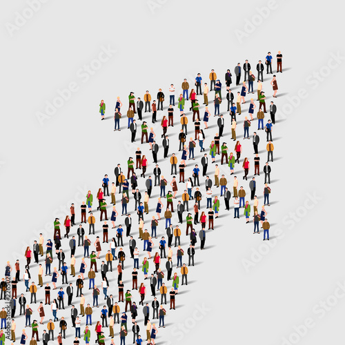 Large group of people in the shape of an arrow. Vector illustration