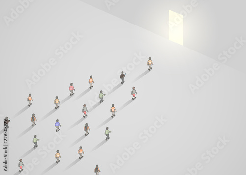 Business concept illustration of crowd of people walking into narrow door. Leader concept. Vector illustration