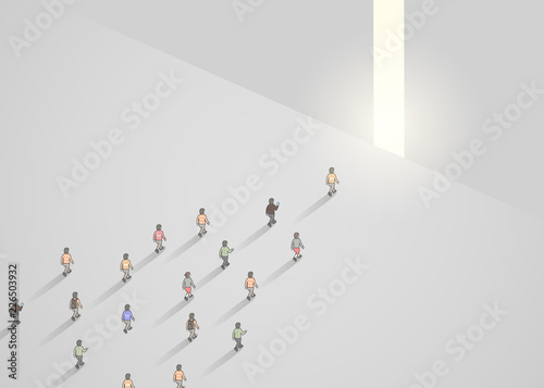 Business concept illustration of crowd of people walking into narrow door. Leader concept. Vector illustration