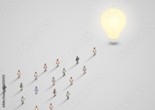 A group of people walking to a light bulb. Brainstorm, inspiration, idea business concept. Vector illustration