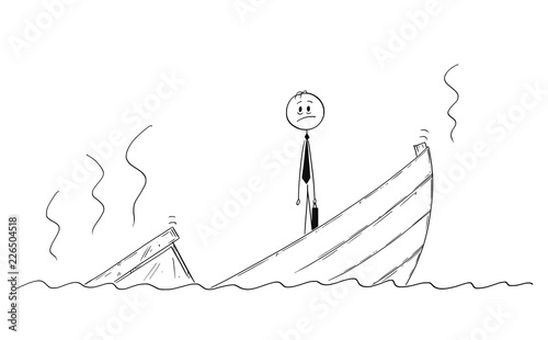 Cartoon stick drawing conceptual illustration of politician or businessman standing depressed on sinking boat. Metaphor of failure and bad decision.
