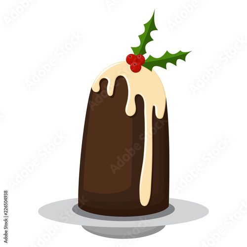 Christmas pudding with cream and holly berry leaves isolated on a white background. Traditional holiday food. Vector cartoon icon.