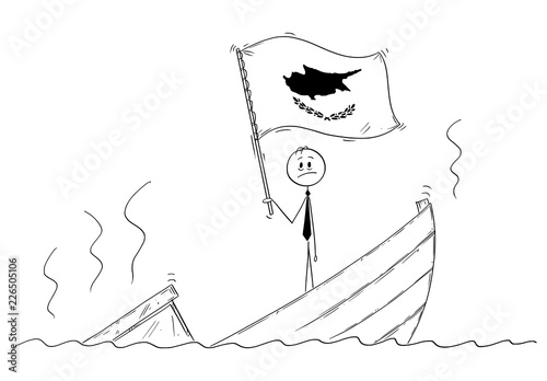 Cartoon stick drawing conceptual illustration of politician standing depressed on sinking boat waving the flag of Republic of Cyprus.