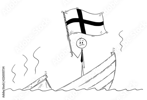 Cartoon stick drawing conceptual illustration of politician standing depressed on sinking boat waving the flag of Republic of Finland.