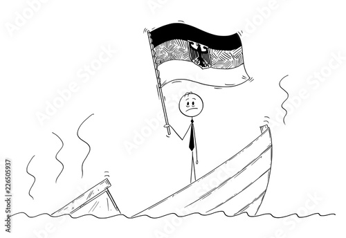 Cartoon stick drawing conceptual illustration of politician standing depressed on sinking boat waving the flag of Federal Republic of Germany.