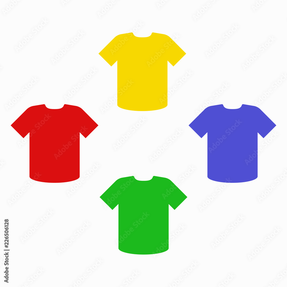 A set of patterns of colored T-shirts for men, green, blue, red and yellow.  Stock Vector